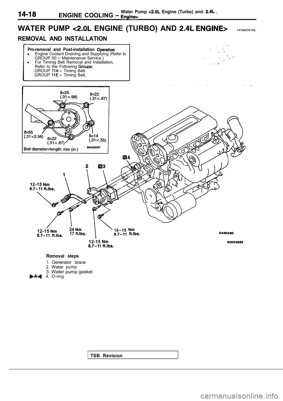 MITSUBISHI SPYDER 1990  Service Repair Manual ENGINE  COOLING Water  Pump   Engine  (Turbo)  and. 
WATER  PUMP   ENGINE  (TURBO)  AND 1 4 1 0 0 2 7 0 1 5 5 ,
REMOVAL  AND  INSTALLATION
Pm-removal  and  Post-installation lEngine Coolant Draining a