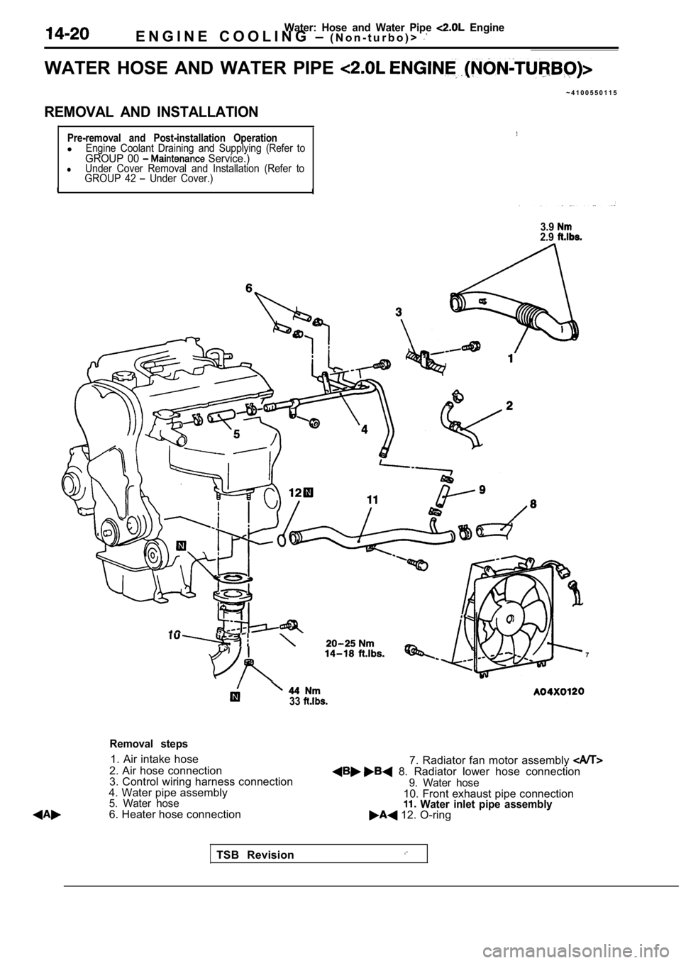MITSUBISHI SPYDER 1990  Service Repair Manual Water:  Hose  and  Water  Pipe   EngineE N G I N E   C O O L I N G    ( N o n - t u r b o ) >  
WATER  HOSE  AND  WATER  PIPE 
~ 4 1 0 0 5 5 0 1 1 5
REMOVAL  AND  INSTALLATION
Pre-removal  and  Post-i
