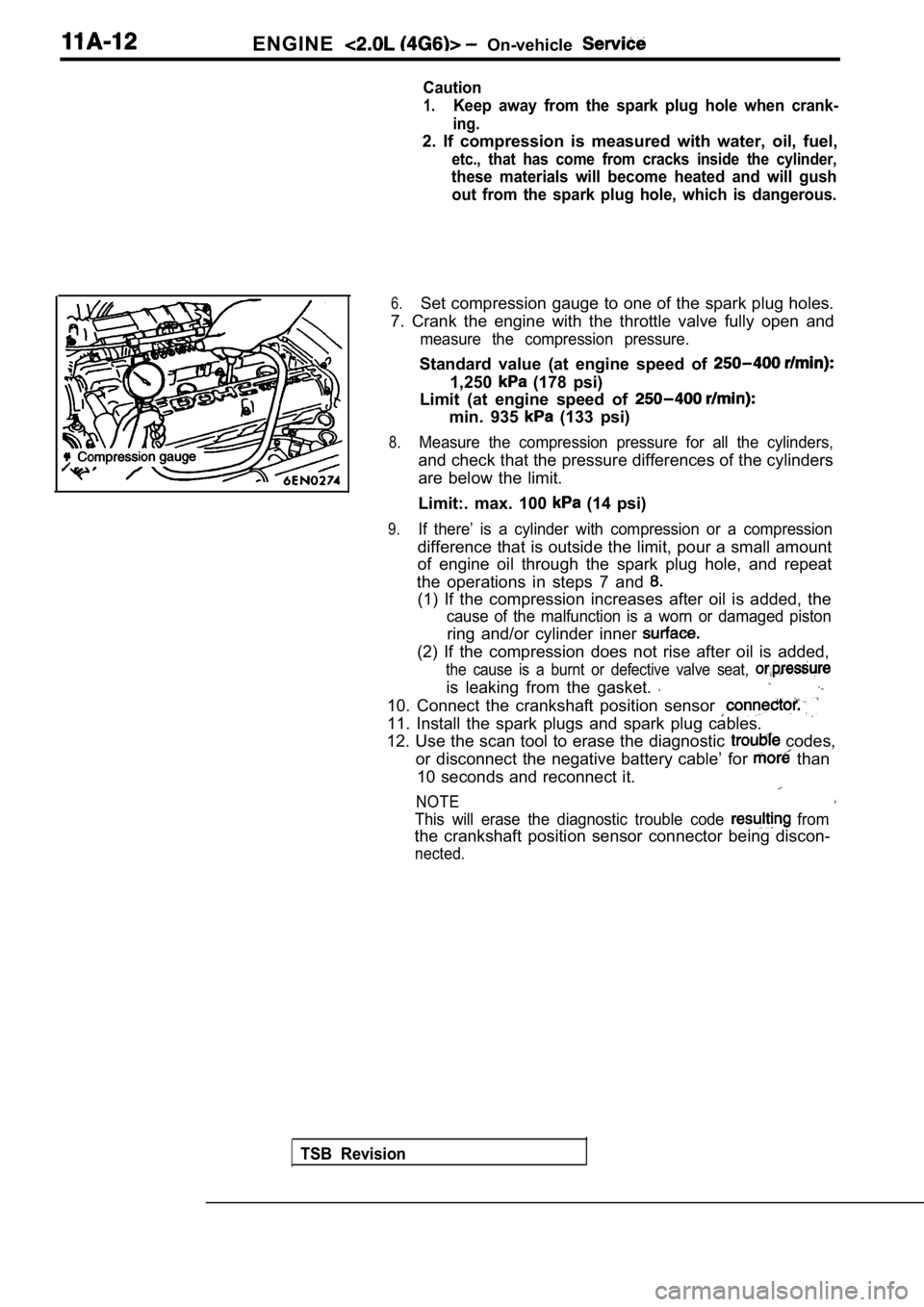 MITSUBISHI SPYDER 1990 Service Manual PDF ENGINE On-vehicle
Caution
1.Keep away from the spark plug hole when crank-
ing.
2. If compression is measured with water, oil, fuel,
etc., that has come from cracks inside the MITSUBISHI SPYDER 1990 Service Manual PDF ENGINE On-vehicle
Caution
1.Keep away from the spark plug hole when crank-
ing.
2. If compression is measured with water, oil, fuel,
etc., that has come from cracks inside the