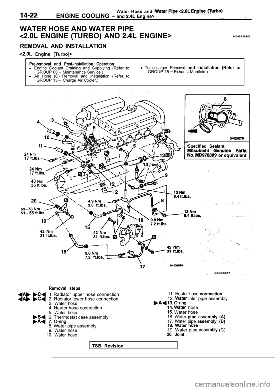 MITSUBISHI SPYDER 1990 Service Repair Manual Water Hose and
ENGINE COOLING and Engine>
WATER HOSE AND WATER PIPE
ENGINE (TURBO) AND ENGINE>1 4 1 0 0 3 3 0 2 4 5
REMOVAL AND INSTALLATION
Engine (Turbo)>
Pre-removal and Post-in MITSUBISHI SPYDER 1990 Service Repair Manual Water Hose and
ENGINE COOLING and Engine>
WATER HOSE AND WATER PIPE
ENGINE (TURBO) AND ENGINE>1 4 1 0 0 3 3 0 2 4 5
REMOVAL AND INSTALLATION
Engine (Turbo)>
Pre-removal and Post-in
