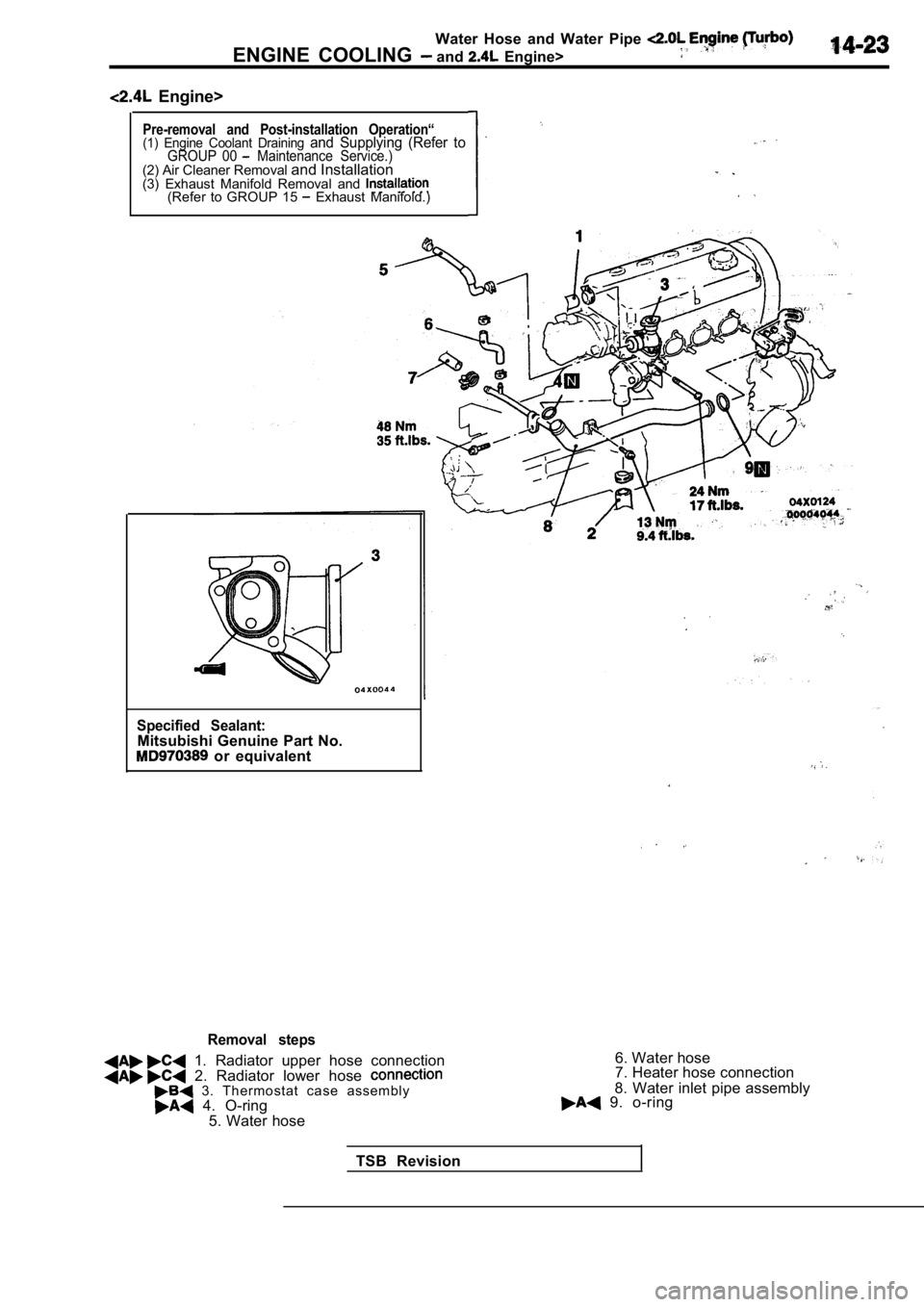 MITSUBISHI SPYDER 1990 Service Repair Manual Water Hose and Water Pipe
ENGINE COOLING and Engine>
Engine>
Pre-removal and Post-installation Operation“(1) Engine Coolant Draining and Supplying (Refer toGROUP 00 Maintenanc MITSUBISHI SPYDER 1990 Service Repair Manual Water Hose and Water Pipe
ENGINE COOLING and Engine>
Engine>
Pre-removal and Post-installation Operation“(1) Engine Coolant Draining and Supplying (Refer toGROUP 00 Maintenanc