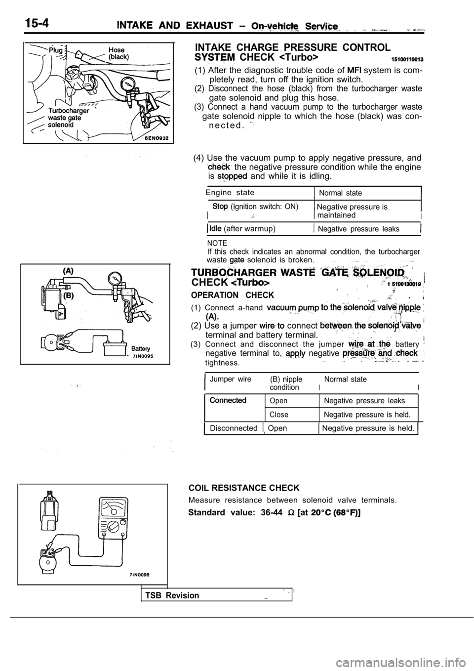 MITSUBISHI SPYDER 1990 Service Repair Manual INTAKE CHARGE PRESSURE CONTROL
CHECK <Turbo>
(1) After the diagnostic trouble code of system is com-
pletely read, turn off the ignition switch.
(2) Disconnect the hose (blac MITSUBISHI SPYDER 1990 Service Repair Manual INTAKE CHARGE PRESSURE CONTROL
CHECK <Turbo>
(1) After the diagnostic trouble code of system is com-
pletely read, turn off the ignition switch.
(2) Disconnect the hose (blac