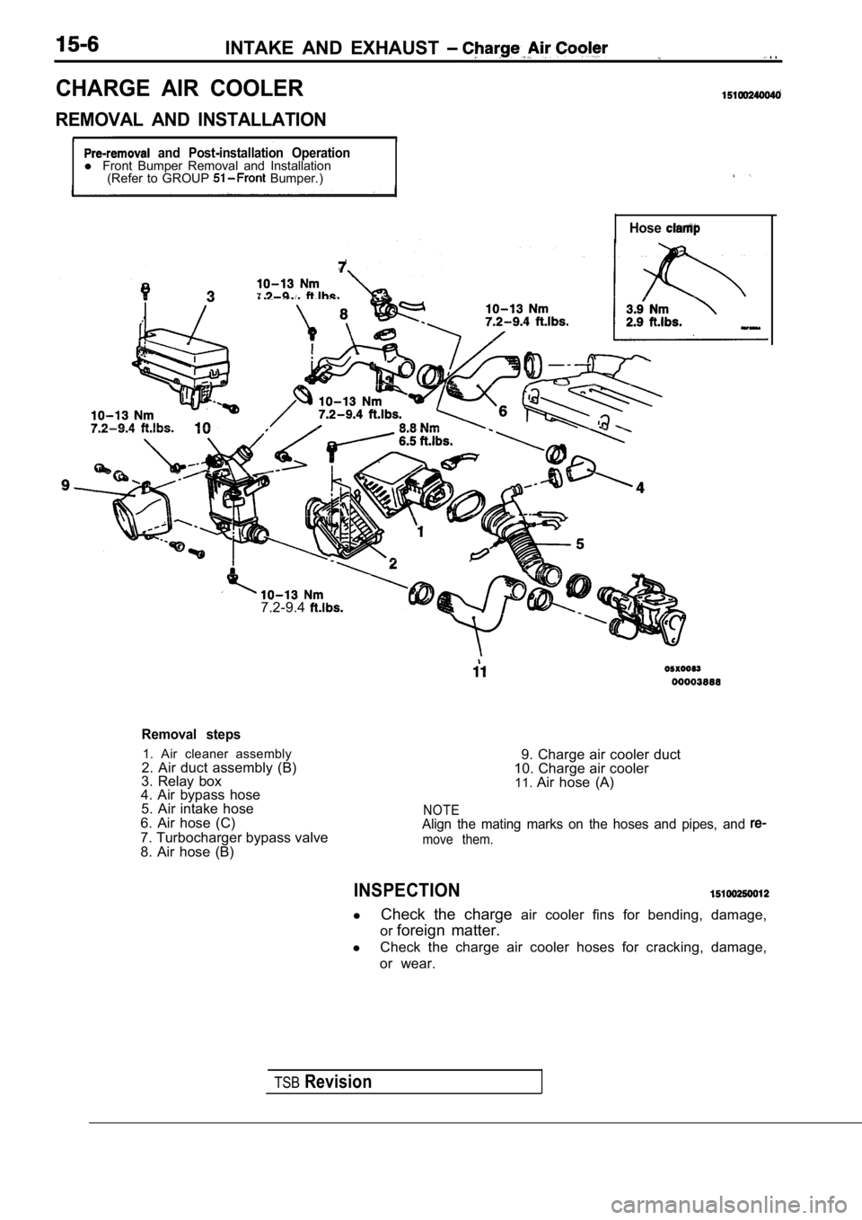MITSUBISHI SPYDER 1990 Service Repair Manual INTAKE AND EXHAUST
CHARGE AIR COOLER
. .
REMOVAL AND INSTALLATION
and Post-installation Operationl Front Bumper Removal and Installation
(Refer to GROUP Bumper.)
Hose
7 A
TSBRevi MITSUBISHI SPYDER 1990 Service Repair Manual INTAKE AND EXHAUST
CHARGE AIR COOLER
. .
REMOVAL AND INSTALLATION
and Post-installation Operationl Front Bumper Removal and Installation
(Refer to GROUP Bumper.)
Hose
7 A
TSBRevi