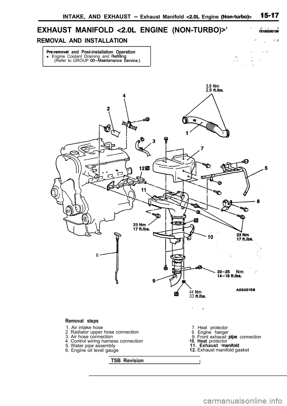 MITSUBISHI SPYDER 1990  Service Repair Manual INTAKE,  AND  EXHAUST   Exhaust  Manifold   Engine 
EXHAUST  MANIFOLD   ENGINE  (NON-TURBO)>’
REMOVAL  AND  INSTALLATION
  and  Post-installation  Operationl Engine  Coolant  Draining  and (Refer  t