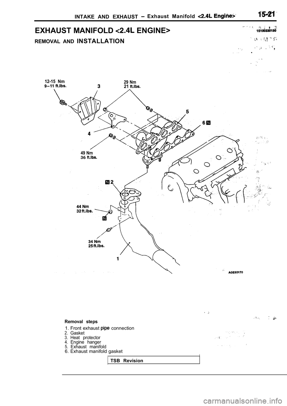 MITSUBISHI SPYDER 1990  Service Repair Manual INTAKE  AND  EXHAUST Exhaust  Manifold 
EXHAUST MANIFOLD  ENGINE>
  , 
REMOVAL  AND INSTALLATION
  ,  .
12-15  Nm29  Nm21
49 Nm36
Removal  steps
1. Front exhaust   connection2.Gasket3.Heat  protector4