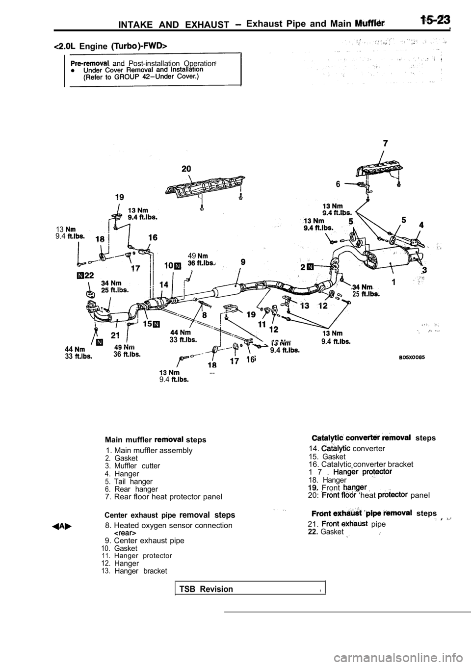 MITSUBISHI SPYDER 1990  Service Repair Manual INTAKE  AND  EXHAUST Exhaust  Pipe  and  Main 
  Engine 
  and  Post-installation  Operation
139.4
49
6
25
1
443336
33
9.4
16
9.4
  --9.4
Main  muffler   steps
1. Main muffler assembly
2.Gasket3.Muffl