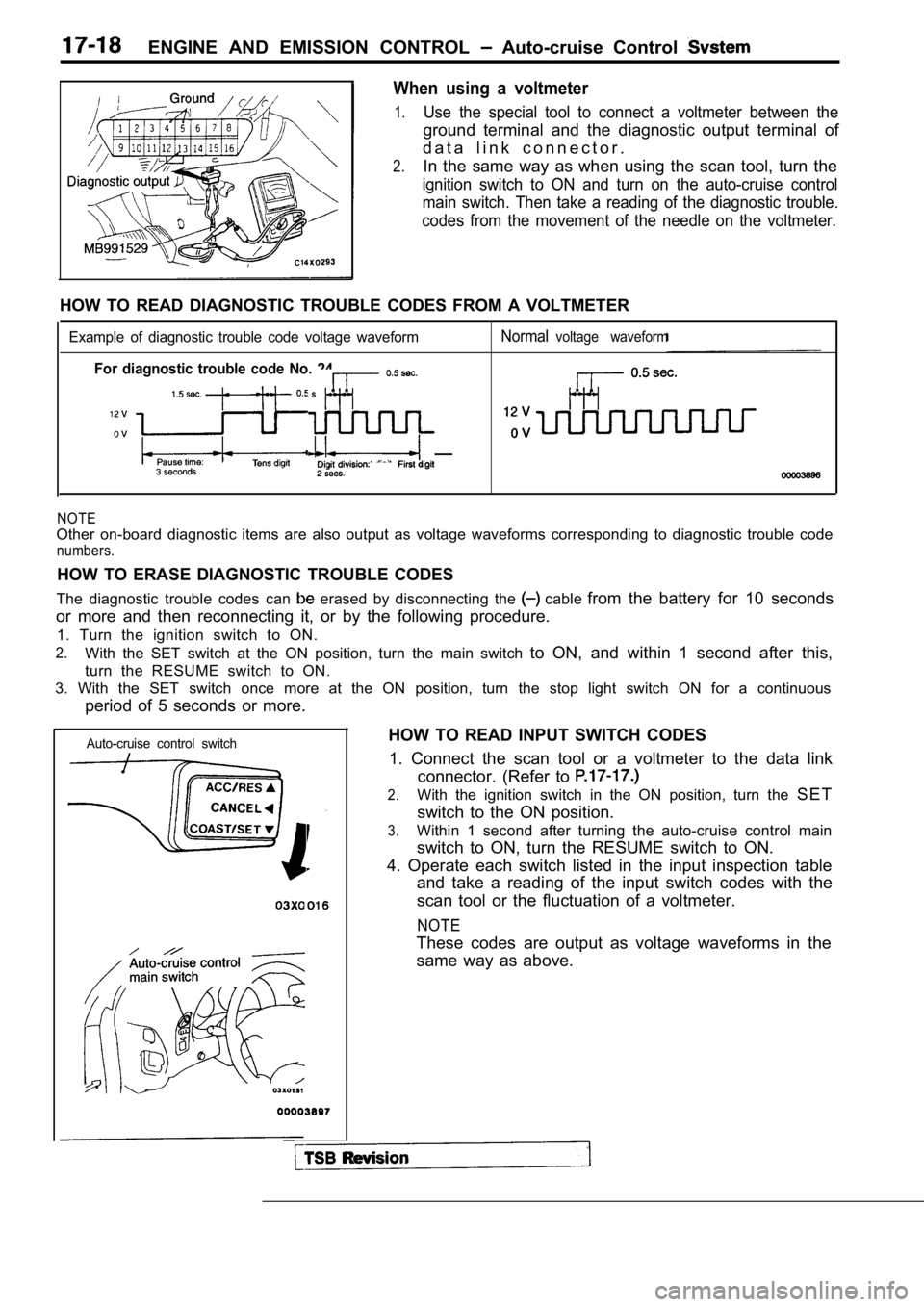 MITSUBISHI SPYDER 1990 Service Repair Manual ENGINE AND EMISSION CONTROL Auto-cruise Control
When using a voltmeter
1.Use the special tool to connect a voltmeter between the
ground terminal and the diagnostic output term MITSUBISHI SPYDER 1990 Service Repair Manual ENGINE AND EMISSION CONTROL Auto-cruise Control
When using a voltmeter
1.Use the special tool to connect a voltmeter between the
ground terminal and the diagnostic output term
