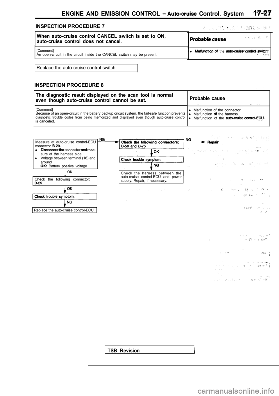 MITSUBISHI SPYDER 1990  Service Repair Manual ENGINE  AND  EMISSION  CONTROL   Control.  System
INSPECTION  PROCEDURE  7
When  auto-cruise  control  CANCEL  switch  is  set  to  ON,
auto-cruise  control  does  not  cancel.
[Comment]An  open-circu