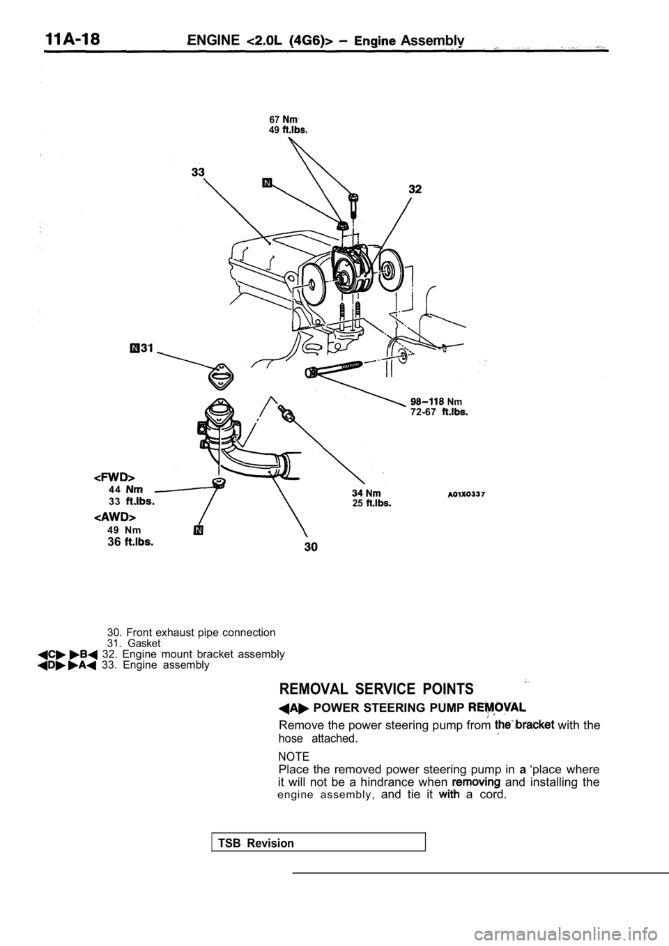 MITSUBISHI SPYDER 1990 Service Manual PDF ENGINE Assemblv
6749
4 4
3325
Nm72-67
49 Nm
36
30. Front exhaust pipe connection31. Gasket 32. Engine mount bracket assembly 33. Engine assembly
REMOVAL SERVICE POINTS
POWER STE MITSUBISHI SPYDER 1990 Service Manual PDF ENGINE Assemblv
6749
4 4
3325
Nm72-67
49 Nm
36
30. Front exhaust pipe connection31. Gasket 32. Engine mount bracket assembly 33. Engine assembly
REMOVAL SERVICE POINTS
POWER STE