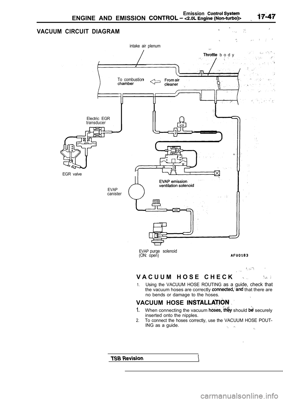 MITSUBISHI SPYDER 1990 Service Repair Manual Emission
ENGINE AND EMISSION
VACUUM CIRCUIT
.
DIAGRAM
intake air plenum
b o d y
To combustion
Electric EGRtransducer
EGR valve
EVAPcanister
EVAPpurge solenoid
(ON: open)
V A C U U M H O MITSUBISHI SPYDER 1990 Service Repair Manual Emission
ENGINE AND EMISSION
VACUUM CIRCUIT
.
DIAGRAM
intake air plenum
b o d y
To combustion
Electric EGRtransducer
EGR valve
EVAPcanister
EVAPpurge solenoid
(ON: open)
V A C U U M H O