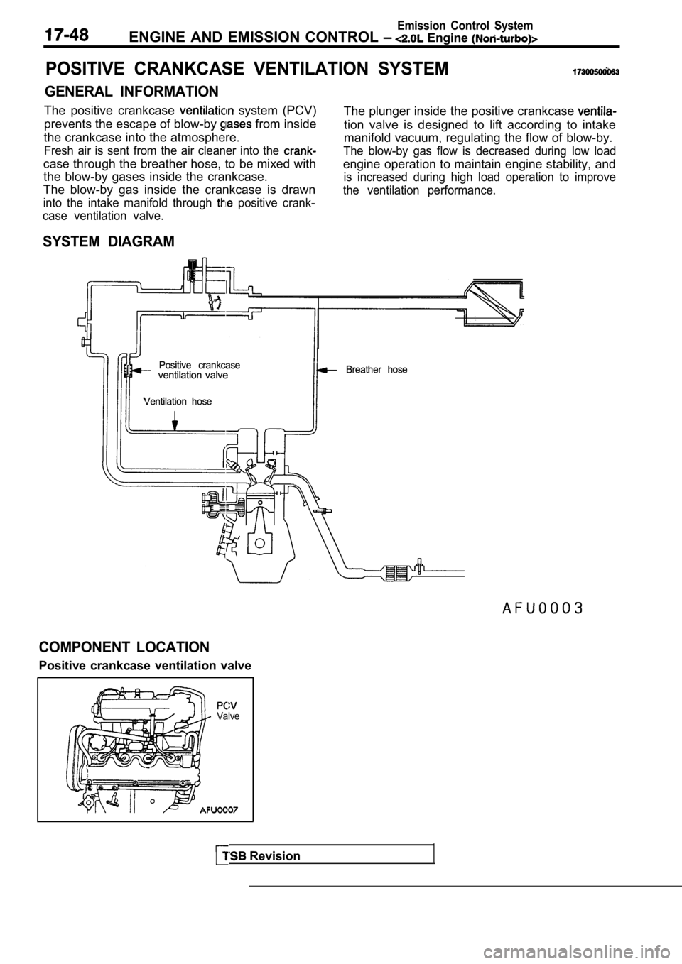 MITSUBISHI SPYDER 1990 Service Repair Manual Emission Control System
ENGINE AND EMISSION CONTROL Engine
POSITIVE CRANKCASE VENTILATION SYSTEM
GENERAL INFORMATION
The positive crankcase system (PCV)
prevents the escape of blow-by MITSUBISHI SPYDER 1990 Service Repair Manual Emission Control System
ENGINE AND EMISSION CONTROL Engine
POSITIVE CRANKCASE VENTILATION SYSTEM
GENERAL INFORMATION
The positive crankcase system (PCV)
prevents the escape of blow-by