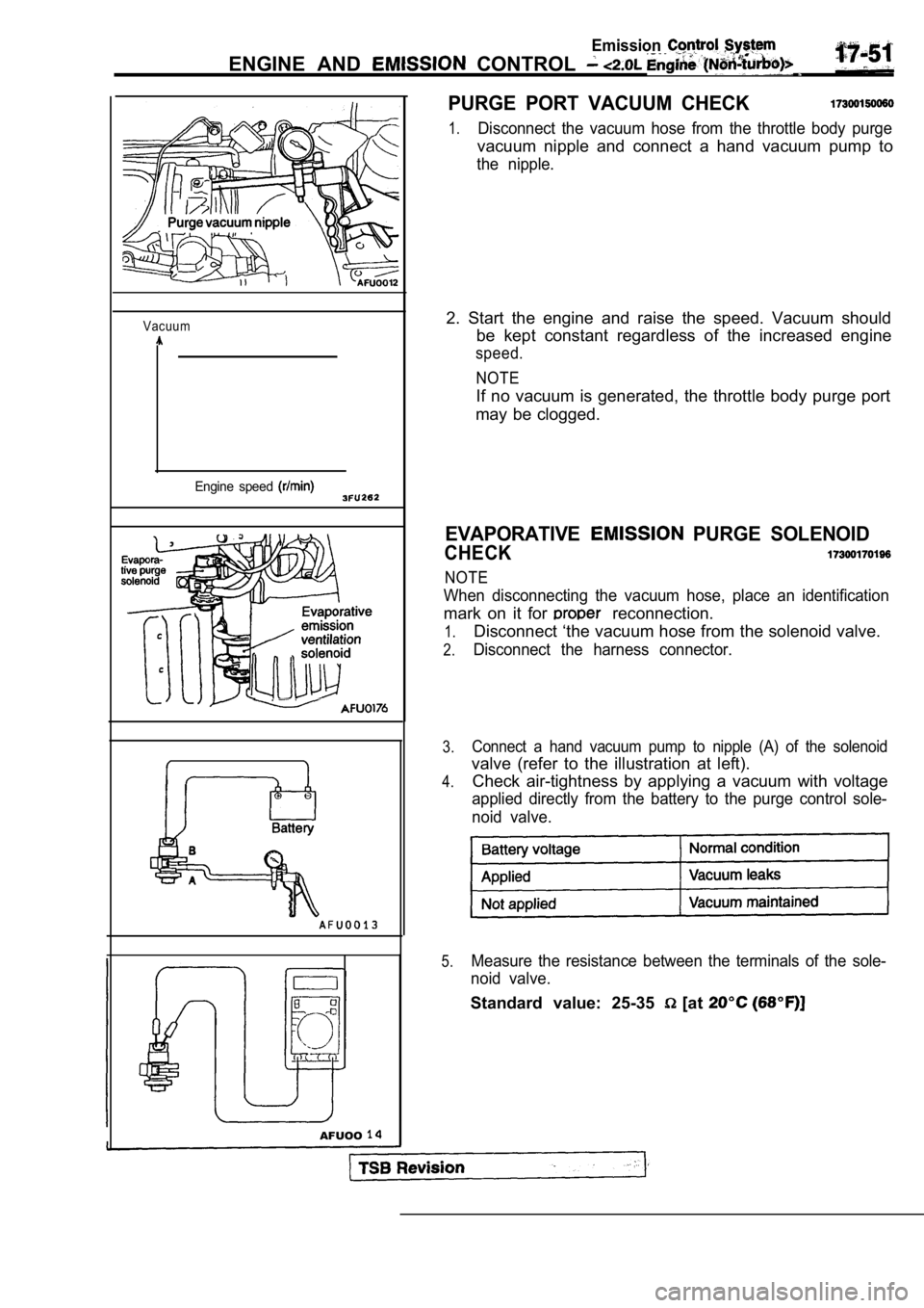 MITSUBISHI SPYDER 1990 Service Repair Manual Emission
ENGINE AND CONTROL
Vacuum
Engine speed
AFUOO
PURGE PORT VACUUM CHECK
1.Disconnect the vacuum hose from the throttle body purge
vacuum nipple and connect a hand vacuum MITSUBISHI SPYDER 1990 Service Repair Manual Emission
ENGINE AND CONTROL
Vacuum
Engine speed
AFUOO
PURGE PORT VACUUM CHECK
1.Disconnect the vacuum hose from the throttle body purge
vacuum nipple and connect a hand vacuum