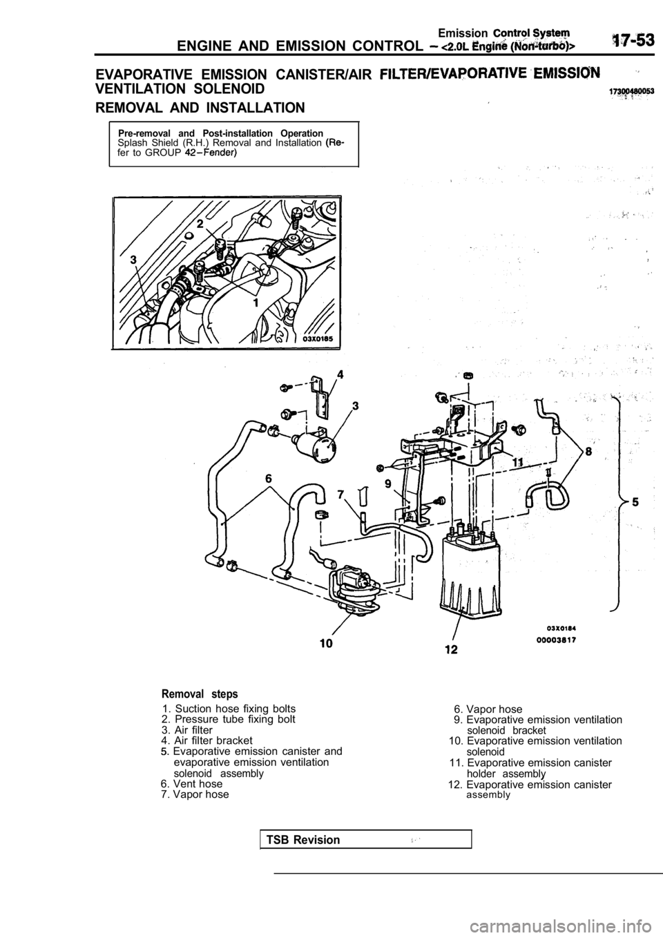 MITSUBISHI SPYDER 1990 Service Repair Manual Emission
ENGINE AND EMISSION CONTROL
EVAPORATIVE EMISSION CANISTER/AIR
VENTILATION SOLENOID
REMOVAL AND INSTALLATION
Pre-removal and Post-installation OperationSplash Shield (R.H.) Rem MITSUBISHI SPYDER 1990 Service Repair Manual Emission
ENGINE AND EMISSION CONTROL
EVAPORATIVE EMISSION CANISTER/AIR
VENTILATION SOLENOID
REMOVAL AND INSTALLATION
Pre-removal and Post-installation OperationSplash Shield (R.H.) Rem