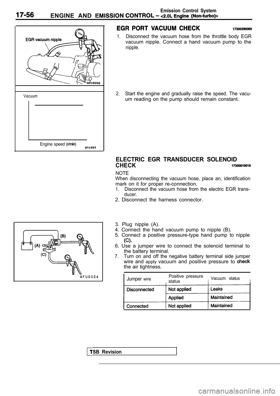 MITSUBISHI SPYDER 1990 Service Repair Manual ENGINE AND
Emission Control System
Vacuum
Engine speed
TSB Revision
4I
1.Disconnect the vacuum hose from the throttle body EGR
vacuum nipple. Connect a hand vacuum pump to the
n MITSUBISHI SPYDER 1990 Service Repair Manual ENGINE AND
Emission Control System
Vacuum
Engine speed
TSB Revision
4I
1.Disconnect the vacuum hose from the throttle body EGR
vacuum nipple. Connect a hand vacuum pump to the
n