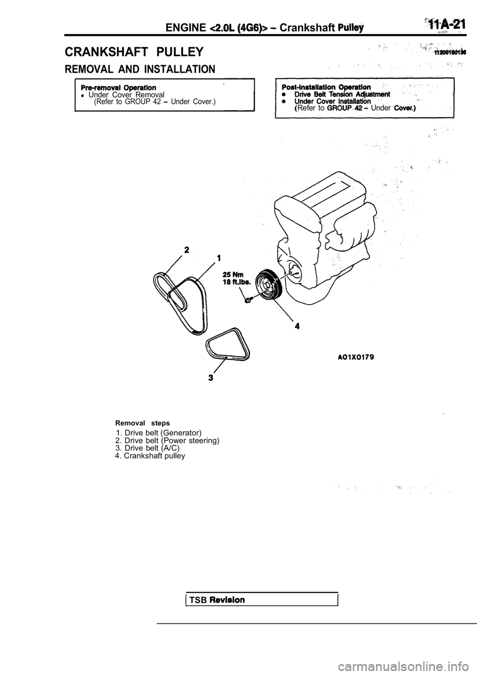 MITSUBISHI SPYDER 1990 Service Manual Online ENGINE Crankshaft
CRANKSHAFT PULLEY
REMOVAL AND INSTALLATION
l Under Cover Removal(Refer to GROUP 42 Under Cover.)(Refer to Under
Removal steps1. Drive belt (Generator)
2. Drive bel MITSUBISHI SPYDER 1990 Service Manual Online ENGINE Crankshaft
CRANKSHAFT PULLEY
REMOVAL AND INSTALLATION
l Under Cover Removal(Refer to GROUP 42 Under Cover.)(Refer to Under
Removal steps1. Drive belt (Generator)
2. Drive bel