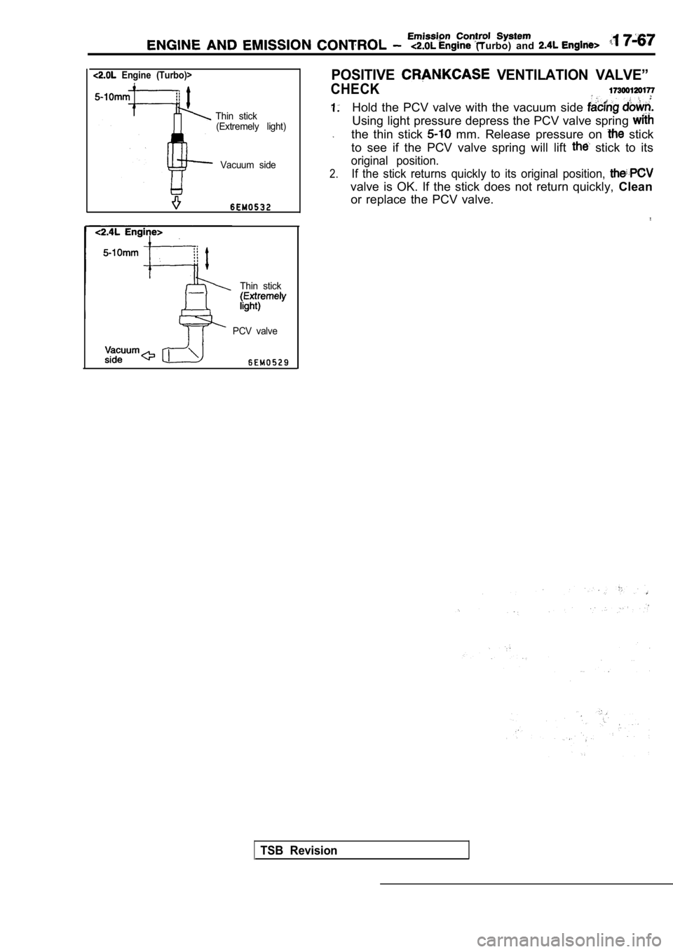 MITSUBISHI SPYDER 1990  Service Repair Manual   (Turbo)  and 
  Engine  (Turbo)>
Thin  stick(Extremely  light)
Vacuum  side
Thin  stick
PCV  valve
POSITIVE  VENTILATION  VALVE”
CHECK
Hold  the  PCV  valve  with  the  vacuum  side 
Using light p