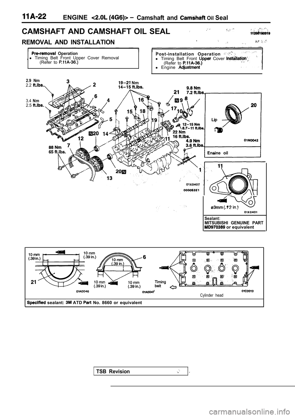 MITSUBISHI SPYDER 1990 Service Manual Online ENGINECamshaft and Oil Seal
CAMSHAFT AND CAMSHAFT OIL SEAL
REMOVAL AND INSTALLATION
Operation,l Timing Belt Front Upper Cover Removal
(Refer to P o s t - i n s t a l l a t i o n O p MITSUBISHI SPYDER 1990 Service Manual Online ENGINECamshaft and Oil Seal
CAMSHAFT AND CAMSHAFT OIL SEAL
REMOVAL AND INSTALLATION
Operation,l Timing Belt Front Upper Cover Removal
(Refer to P o s t - i n s t a l l a t i o n O p