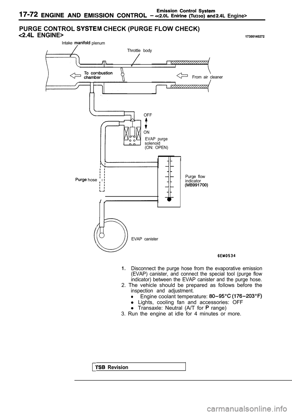 MITSUBISHI SPYDER 1990 Service Repair Manual (Turbo) and Engine>
PURGE CONTROL CHECK (PURGE FLOW CHECK)
ENGINE>17300140272
IntakeplenumThrottle body
From air cleaner
OFF
ON EVAP purge
solenoid
(ON: OPEN)
hose IPurge flow
indicator MITSUBISHI SPYDER 1990 Service Repair Manual (Turbo) and Engine>
PURGE CONTROL CHECK (PURGE FLOW CHECK)
ENGINE>17300140272
IntakeplenumThrottle body
From air cleaner
OFF
ON EVAP purge
solenoid
(ON: OPEN)
hose IPurge flow
indicator