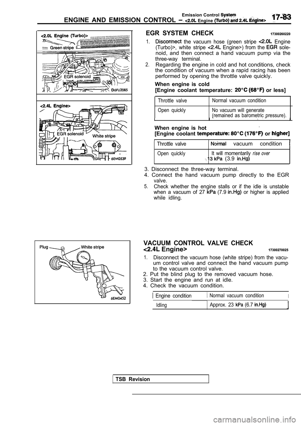 MITSUBISHI SPYDER 1990 Service Repair Manual Emission Control
ENGINE AND EMISSION CONTROL Engine
EGR SYSTEM CHECK17300260220
1. the vacuum hose (green stripe Engine
(Turbo)>, white stripe
Engine>) from the sole-
noid, a MITSUBISHI SPYDER 1990 Service Repair Manual Emission Control
ENGINE AND EMISSION CONTROL Engine
EGR SYSTEM CHECK17300260220
1. the vacuum hose (green stripe Engine
(Turbo)>, white stripe
Engine>) from the sole-
noid, a