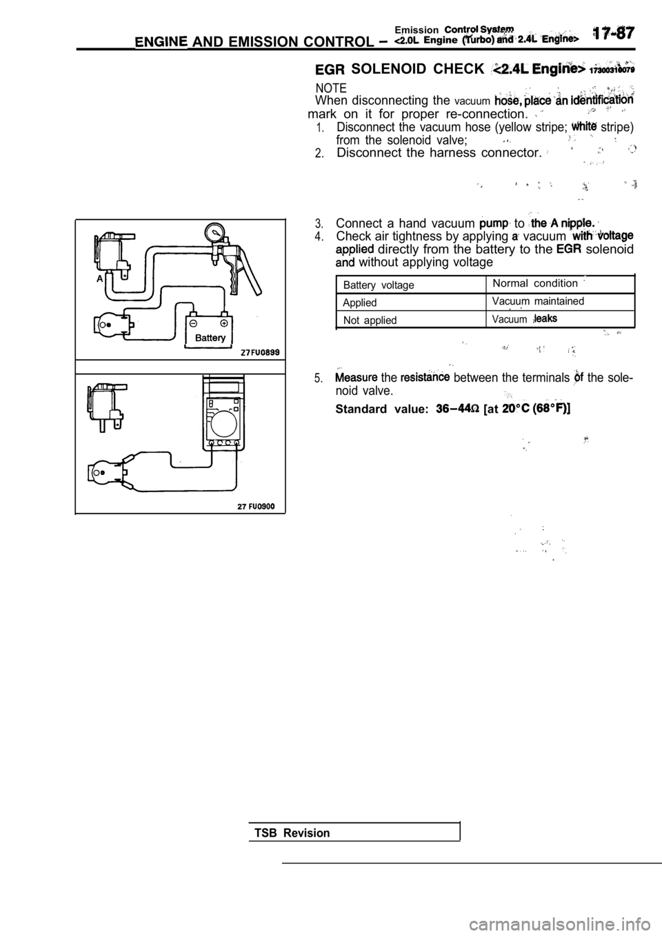MITSUBISHI SPYDER 1990  Service Repair Manual   AND  EMISSION  CONTROL 
Emission  Engine 
27
  SOLENOID  CHECK 
NOTE,
When  disconnecting  the vacuum
mark  on  it  for  proper  re-connection. 
Disconnect  the  vacuum  hose  (yellow  stripe;  stri