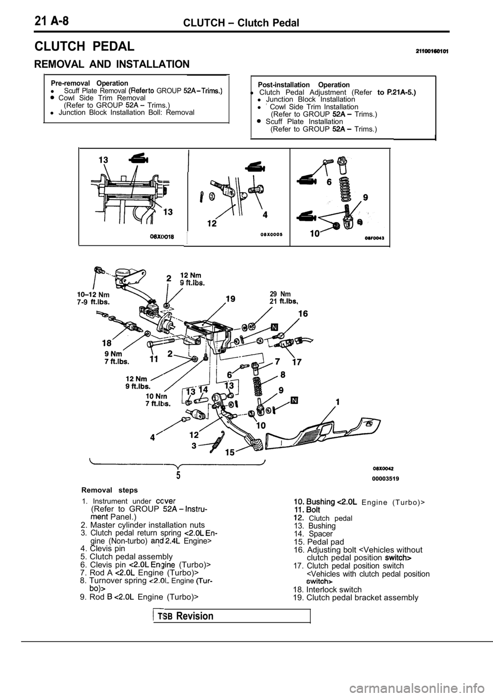 MITSUBISHI SPYDER 1990 Service Repair Manual 21CLUTCH Clutch Pedal
CLUTCH PEDAL
REMOVAL AND INSTALLATION
Pre-removal OperationlScuff Plate Removal GROUP Cowl Side Trim Removal(Refer to GROUP Trims.)
l Junction Block Install MITSUBISHI SPYDER 1990 Service Repair Manual 21CLUTCH Clutch Pedal
CLUTCH PEDAL
REMOVAL AND INSTALLATION
Pre-removal OperationlScuff Plate Removal GROUP Cowl Side Trim Removal(Refer to GROUP Trims.)
l Junction Block Install
