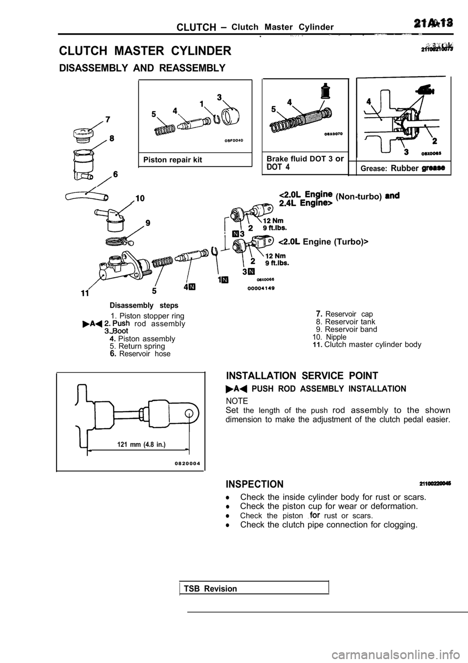 MITSUBISHI SPYDER 1990  Service Repair Manual CLUTCHClutch  Master  Cylinder.  .  . 
CLUTCH  MASTER  CYLINDER
DISASSEMBLY  AND  REASSEMBLY
Piston repair kitBrake fluid DOT 3  or
DOT  4Grease:Rubber
(Non-turbo)
  Engine  (Turbo)>
Disassembly  step