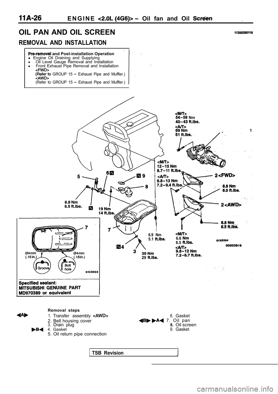 MITSUBISHI SPYDER 1990 Service Manual Online E N G I N E Oil fan and Oil
OIL PAN AND OIL SCREEN
REMOVAL AND INSTALLATION
and Post-installation Operation
l Engine Oil Draining and Supplying
lOil Level Gauge Removal and Insta MITSUBISHI SPYDER 1990 Service Manual Online E N G I N E Oil fan and Oil
OIL PAN AND OIL SCREEN
REMOVAL AND INSTALLATION
and Post-installation Operation
l Engine Oil Draining and Supplying
lOil Level Gauge Removal and Insta
