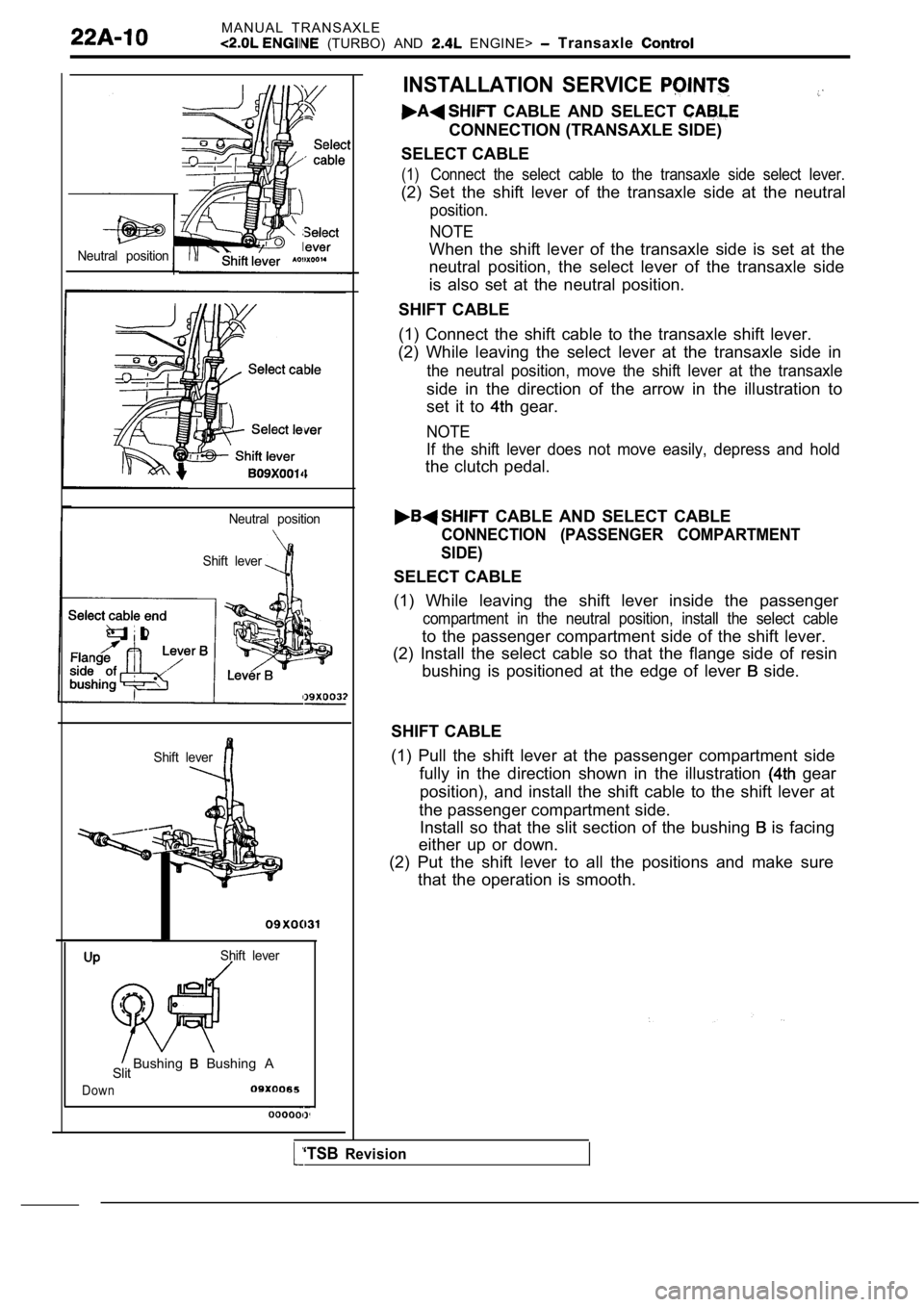 MITSUBISHI SPYDER 1990 Service Repair Manual M A N U A L T R A N S A X L E
(TURBO) AND ENGINE> Transaxle
Neutral position
Neutral position
Shift lever
Shift lever
Shift lever
Bushing Bushing A
Slit
Down
INSTALLATION SERVICE MITSUBISHI SPYDER 1990 Service Repair Manual M A N U A L T R A N S A X L E
(TURBO) AND ENGINE> Transaxle
Neutral position
Neutral position
Shift lever
Shift lever
Shift lever
Bushing Bushing A
Slit
Down
INSTALLATION SERVICE