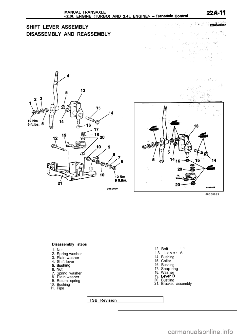 MITSUBISHI SPYDER 1990 Service Repair Manual MANUAL TRANSAXLE
ENGINE (TURBO) AND ENGINE>
SHIFT LEVER ASSEMBLY
DISASSEMBLY AND REASSEMBLY
15
14
Disassembly steps
1.Nut2.Spring washer3.Plain washer4.Shift lever
Spring washer8.Plain w MITSUBISHI SPYDER 1990 Service Repair Manual MANUAL TRANSAXLE
ENGINE (TURBO) AND ENGINE>
SHIFT LEVER ASSEMBLY
DISASSEMBLY AND REASSEMBLY
15
14
Disassembly steps
1.Nut2.Spring washer3.Plain washer4.Shift lever
Spring washer8.Plain w
