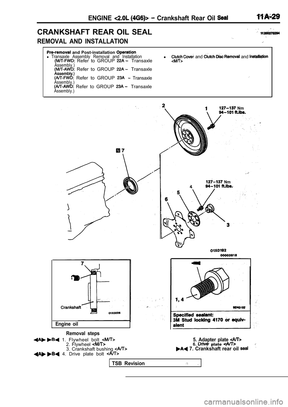 MITSUBISHI SPYDER 1990 Service Manual Online ENGINE Crankshaft Rear Oil
CRANKSHAFT REAR OIL SEAL
REMOVAL AND INSTALLATION
and Post-installation l Transaxle Assembly Removal and Installation Refer to GROUP TransaxleAssembly.) MITSUBISHI SPYDER 1990 Service Manual Online ENGINE Crankshaft Rear Oil
CRANKSHAFT REAR OIL SEAL
REMOVAL AND INSTALLATION
and Post-installation l Transaxle Assembly Removal and Installation Refer to GROUP TransaxleAssembly.)