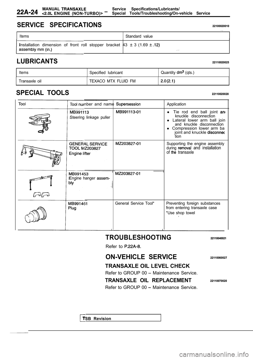 MITSUBISHI SPYDER 1990 Service Repair Manual MANUAL
ENGINE (NON-TURBO)>
Service Specifications/Lubricants/
Special Tools/Troubleshooting/On-vehicle Service
SERVICE SPECIFICATIONS22100020010
ItemsStandard value
Installation dimension o MITSUBISHI SPYDER 1990 Service Repair Manual MANUAL
ENGINE (NON-TURBO)>
Service Specifications/Lubricants/
Special Tools/Troubleshooting/On-vehicle Service
SERVICE SPECIFICATIONS22100020010
ItemsStandard value
Installation dimension o