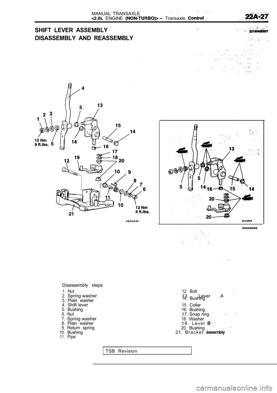 MITSUBISHI SPYDER 1990 Service Repair Manual MANUAL TRANSAXLE .
ENGINE Transaxle
SHIFT LEVER ASSEMBLY
DISASSEMBLY AND REASSEMBLY
Disassembly steps
1.Nut2.Spring washer3.Plain washer4.Shift lever5.Bushing6.Nut
7.Spring washer8.Plain MITSUBISHI SPYDER 1990 Service Repair Manual MANUAL TRANSAXLE .
ENGINE Transaxle
SHIFT LEVER ASSEMBLY
DISASSEMBLY AND REASSEMBLY
Disassembly steps
1.Nut2.Spring washer3.Plain washer4.Shift lever5.Bushing6.Nut
7.Spring washer8.Plain