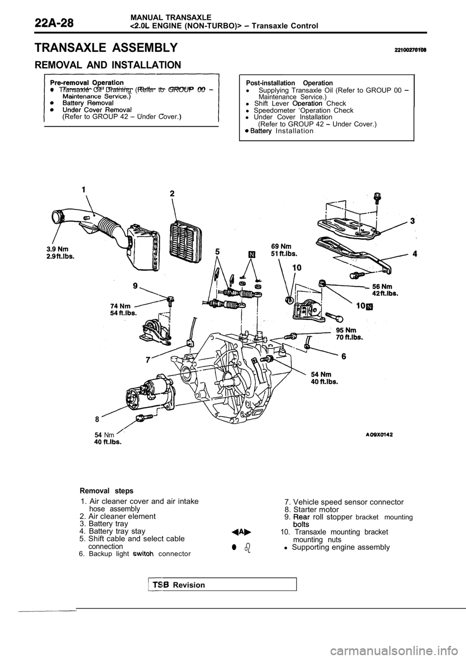 MITSUBISHI SPYDER 1990 Service Repair Manual MANUAL TRANSAXLE
ENGINE (NON-TURBO)> Transaxle Control
TRANSAXLE ASSEMBLY
REMOVAL AND INSTALLATION
l Transaxle Oil Draining (Refer to GROUP 00
(Refer to GROUP 42 Under Cover.)
Po MITSUBISHI SPYDER 1990 Service Repair Manual MANUAL TRANSAXLE
ENGINE (NON-TURBO)> Transaxle Control
TRANSAXLE ASSEMBLY
REMOVAL AND INSTALLATION
l Transaxle Oil Draining (Refer to GROUP 00
(Refer to GROUP 42 Under Cover.)
Po