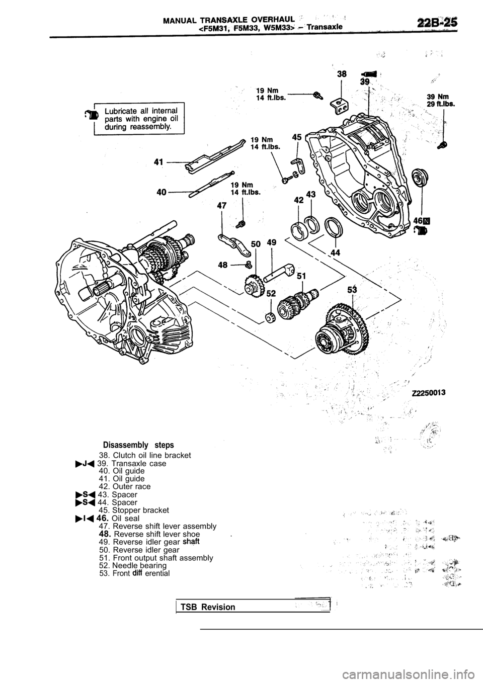 MITSUBISHI SPYDER 1990  Service Repair Manual Disassembly  steps
38.  Clutch  oil  line  bracket
  39.  Transaxle  case40.  Oil  guide 
41.  Oil  guide
42. Outer race
  43.  Spacer  44.  Spacer
45. Stopper bracket
 46.  Oil  seal
47.  Reverse  sh