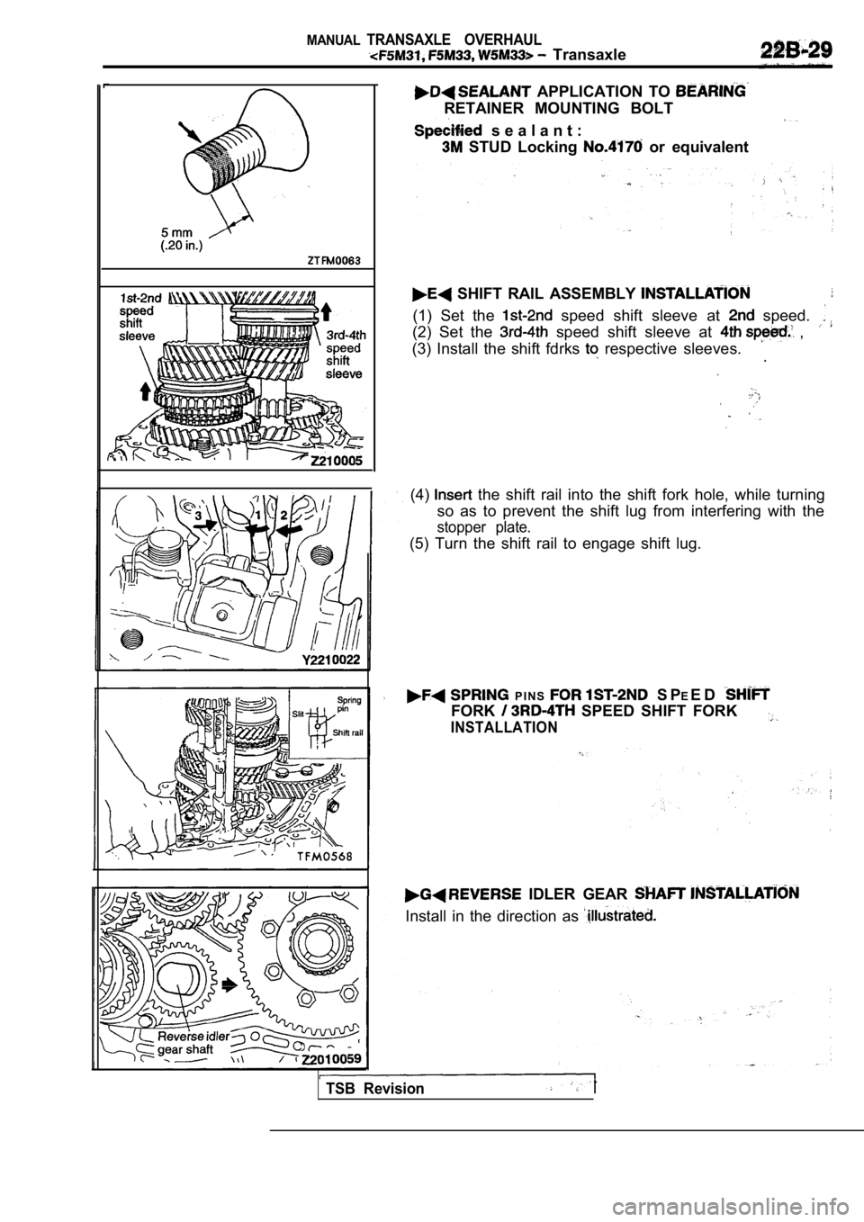 MITSUBISHI SPYDER 1990  Service Repair Manual MANUALTRANSAXLE  OVERHAUL
  Transaxle
  APPLICATION  TO 
RETAINER  MOUNTING  BOLT
  s e a l a n t :
  STUD  Locking   or  equivalent
  SHIFT  RAIL  ASSEMBLY 
(1)  Set  the   speed  shift  sleeve  at  