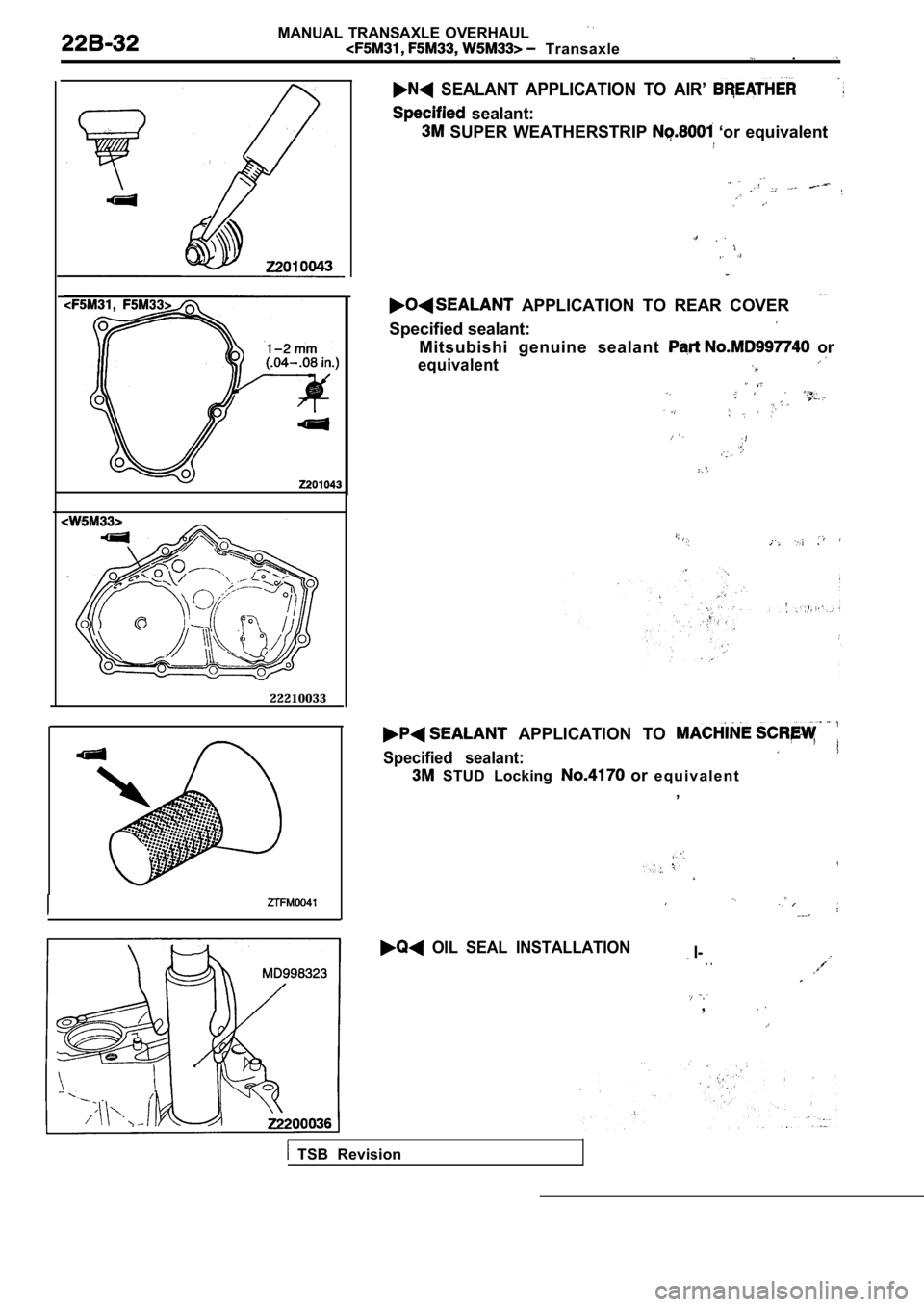 MITSUBISHI SPYDER 1990  Service Repair Manual MANUAL  TRANSAXLE  OVERHAUL
  Transaxle  . 
22210033
  SEALANT  APPLICATION  TO  AIR’ 
  sealant:
  SUPER  WEATHERSTRIP   ‘or  equivalent
  APPLICATION  TO  REAR  COVER
Specified sealant:
Mitsubis