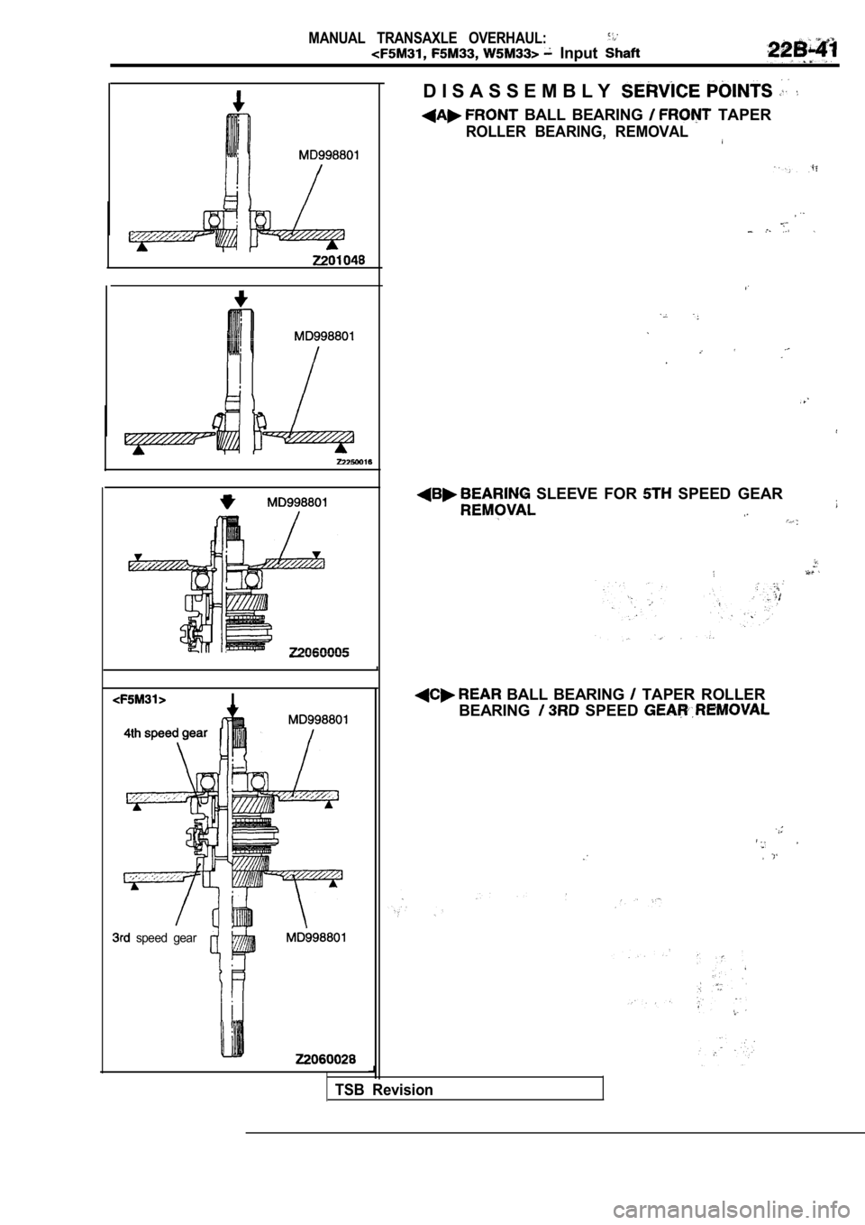 MITSUBISHI SPYDER 1990  Service Repair Manual MANUAL  TRANSAXLE  OVERHAUL:
  Input 
D I S A S S E M B L Y
  BALL  BEARING   TAPER
ROLLER  BEARING,  REMOVAL
I
  speed  gear
  SLEEVE  FOR   SPEED  GEAR
  BALL  BEARING   TAPER  ROLLER
BEARING
  SPEE