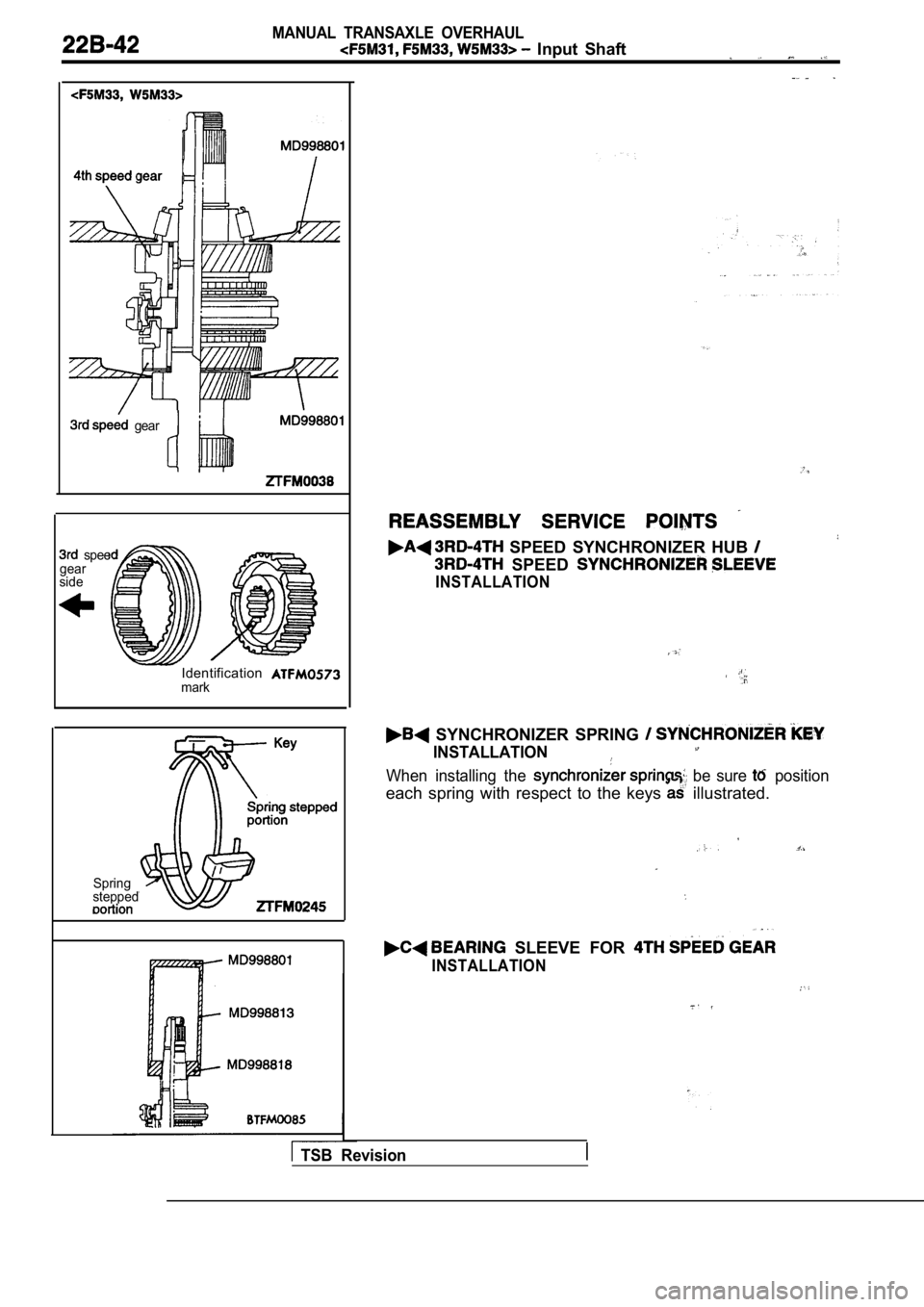 MITSUBISHI SPYDER 1990  Service Repair Manual MANUAL  TRANSAXLE  OVERHAUL
  Input  Shaft
  gear
  spee
gear
side
Identificationmark
Spring
stepped
  SPEED  SYNCHRONIZER  HUB 
  SPEED 
INSTALLATION
  SYNCHRONIZER  SPRING 
INSTALLATION
When  instal
