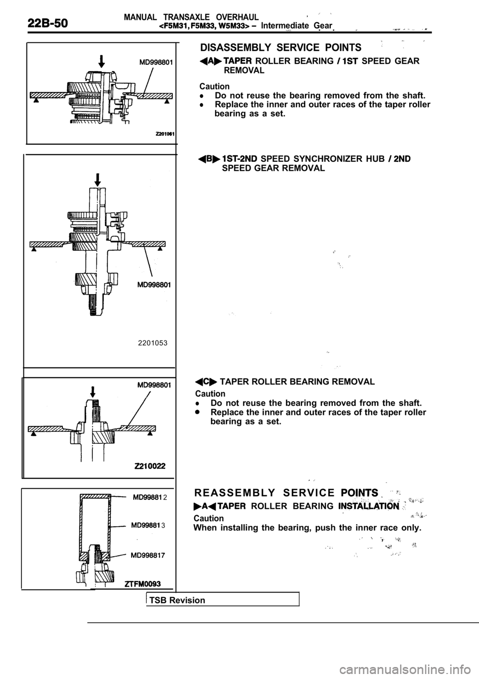 MITSUBISHI SPYDER 1990  Service Repair Manual MANUAL  TRANSAXLE  OVERHAUL
  Intermediate  Gear.  .
DISASSEMBLY  SERVICE  POINTS
  ROLLER  BEARING   SPEED  GEAR
REMOVAL
2201053
 2
 3
Caution
lDo  not  reuse  the  bearing  removed  from  the  shaft