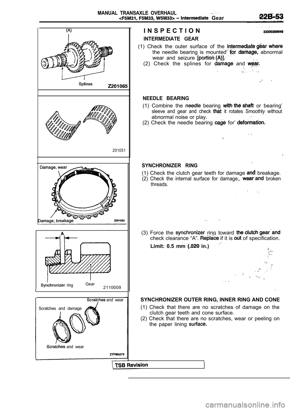 MITSUBISHI SPYDER 1990  Service Repair Manual MANUAL  TRANSAXLE  OVERHAUL
  Gear
  ring
201051
Gear2110009
and  wear
Scratches  and  damage
and  wear
I N S P E C T I O N
INTERMEDIATE  GEAR
(1)  Check  the  outer  surface  of  the 
the  needle  be