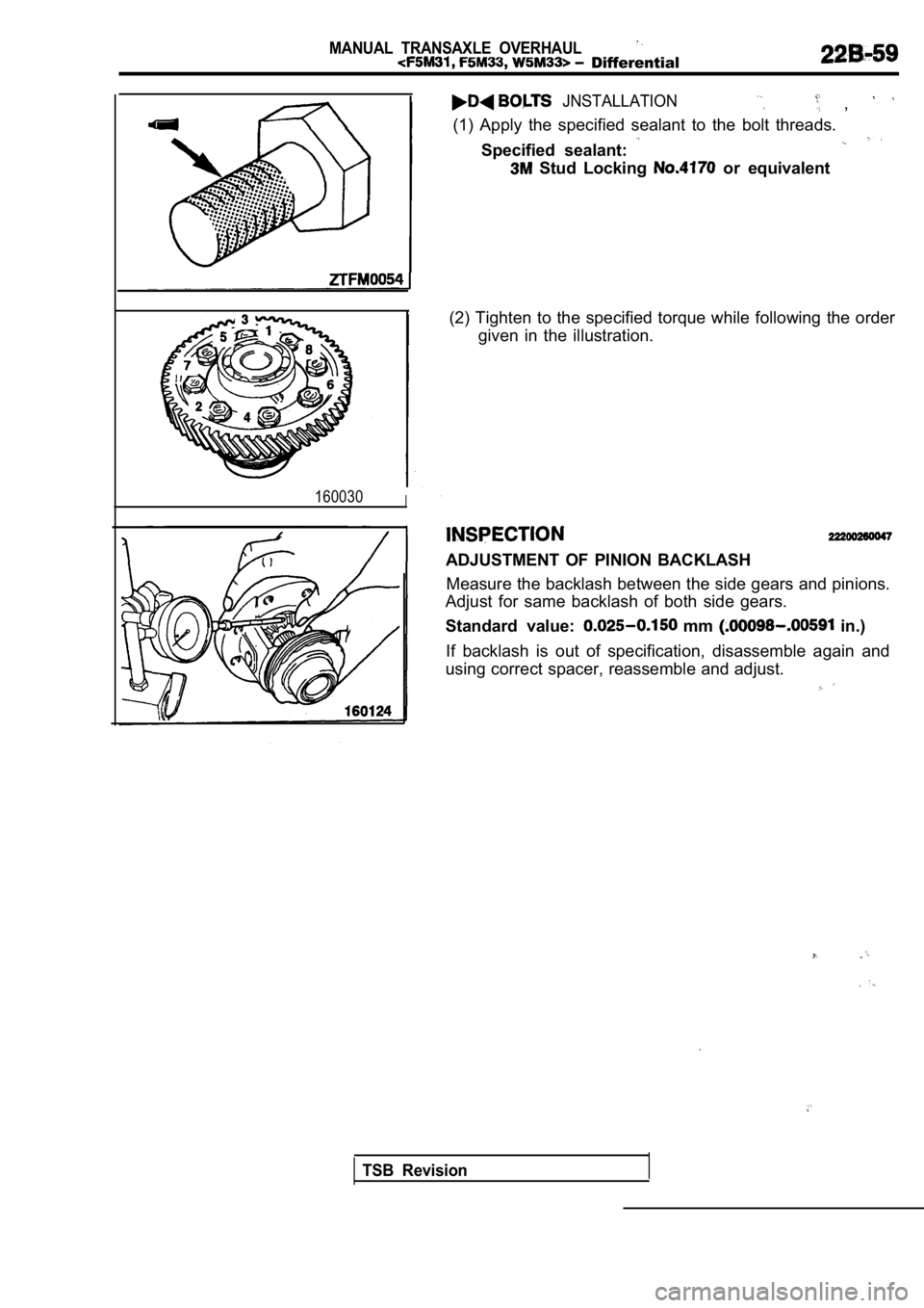 MITSUBISHI SPYDER 1990  Service Repair Manual MANUAL  TRANSAXLE  OVERHAUL  Differential
160030I
  JNSTALLATION  , 
(1)  Apply  the  specified  sealant  to  the  bolt  threads.
Specified  sealant: 
  Stud  Locking   or  equivalent
(2)  Tighten  to