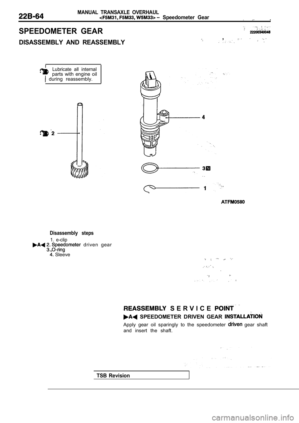 MITSUBISHI SPYDER 1990  Service Repair Manual MANUAL  TRANSAXLE  OVERHAUL
  Speedometer  Gear  .
SPEEDOMETER  GEAR
DISASSEMBLY  AND  REASSEMBLY
,
Lubricate  all  internalparts  with  engine  oil  during  reassembly.
Disassembly  steps
1.  e-clip 