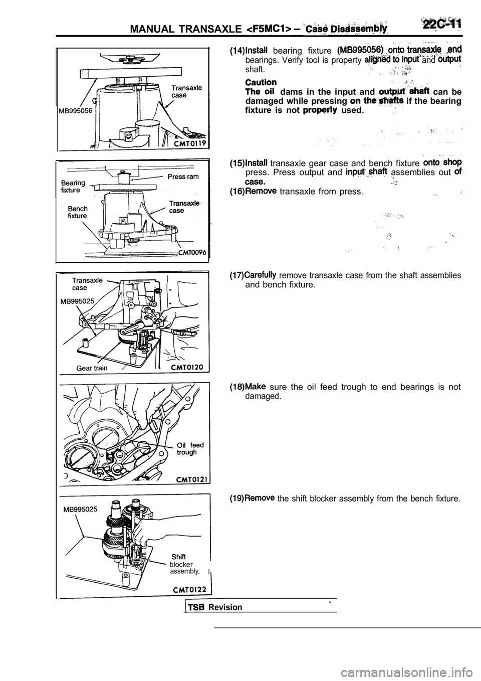MITSUBISHI SPYDER 1990  Service Repair Manual MANUAL  TRANSAXLE 
  blockerassemblyI
  bearing  fixture 
bearings.  Verify  tool  is  property   and 
shaft.
  dams  in  the  input  and   can  be
damaged  while  pressing 
 if the bearing
fixture  i