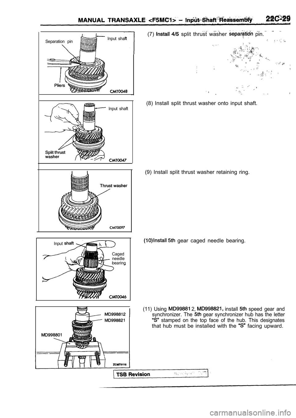 MITSUBISHI SPYDER 1990  Service Repair Manual Separation  pinInput  shaft
Input  shaft
InputCagedneedle
bearing
(7)  split  thrust  washer   pin.
  .   .,
  .
  , ,.
(8)  Install  split  thrust  washer  onto  input  shaft.
(9)  Install  split  th
