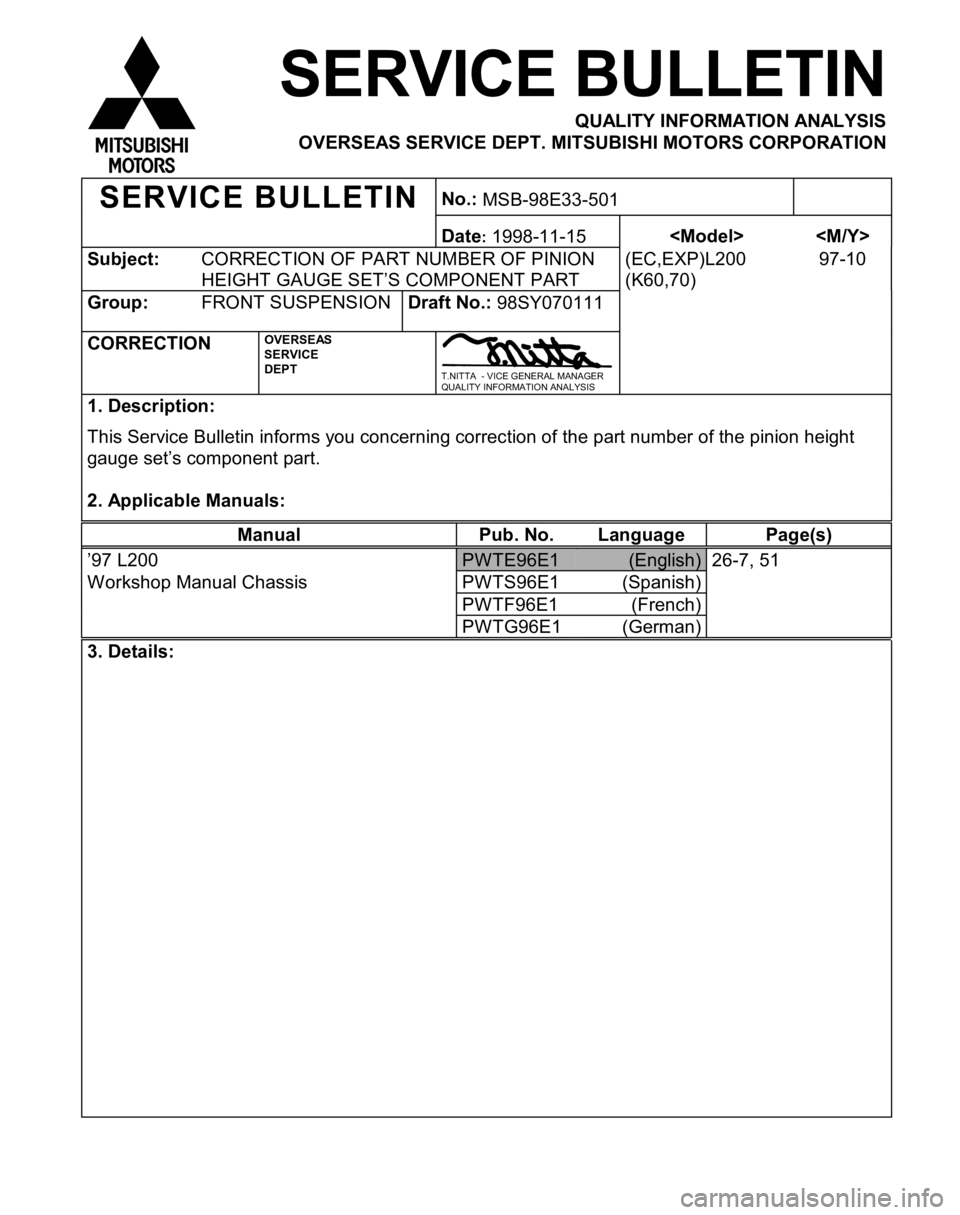 MITSUBISHI TRITON 1997 Workshop Manual S
ubje ct: C
O RREC TIO N O F P AR T N UM BER O F P IN IO N
H EIG HT G AU G E S ET’S C O M PO NEN T P AR T (
E C ,E XP )L 200
( K 60,7 0) 9
7-1 0 M
an ual Pub. N o. Lan guag e Pag e(s ) P
W TE 96E MITSUBISHI TRITON 1997 Workshop Manual S
ubje ct: C
O RREC TIO N O F P AR T N UM BER O F P IN IO N
H EIG HT G AU G E S ET’S C O M PO NEN T P AR T (
E C ,E XP )L 200
( K 60,7 0) 9
7-1 0 M
an ual Pub. N o. Lan guag e Pag e(s ) P
W TE 96E