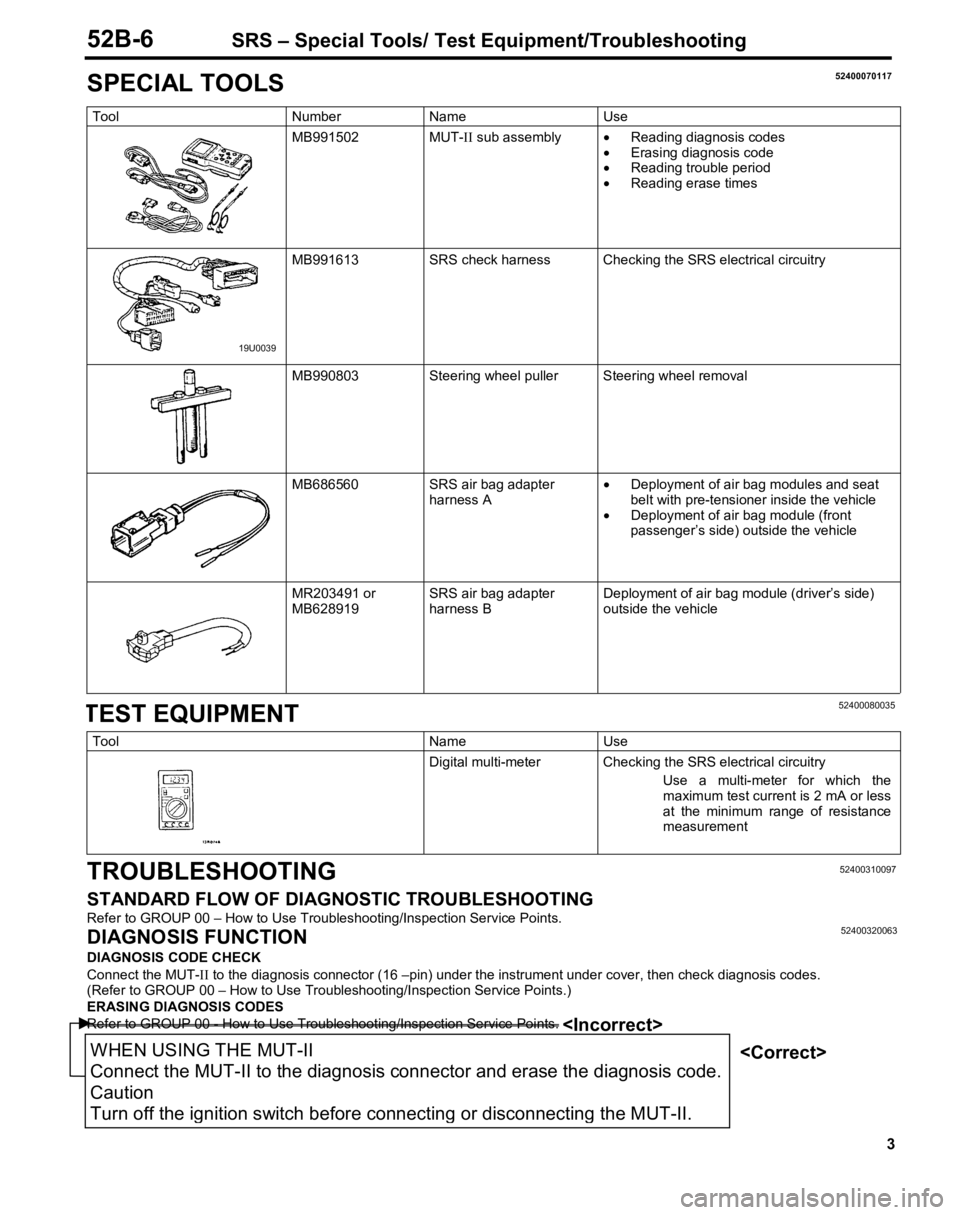 MITSUBISHI TRITON 1997  Workshop Manual M
B991502 MUT-I
I
 s u b a sse m bly •
 R eadin g  
d ia gno sis  
c o des
•  E ra sin g  
d ia gno sis  
c o de
•   Readin g  tr o u ble  p erio d
•   Readin g  e ra se  tim es M
B991613 SR S