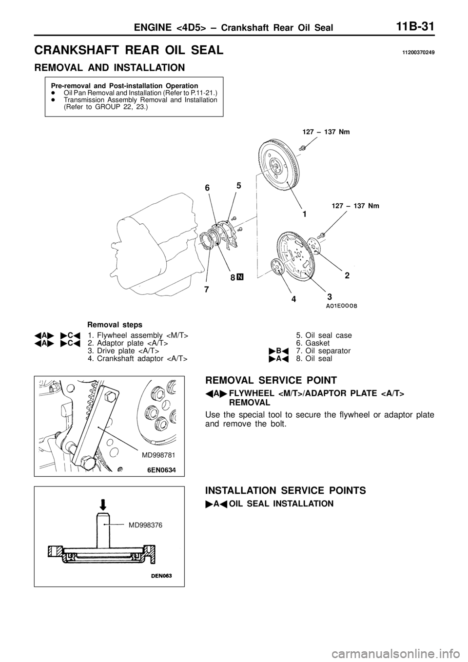 MITSUBISHI TRITON 1997  Workshop Manual C
RANKSH AFT  R EA R  O IL  S EA L 11 200370249
R EM OVA L  A ND  IN STA LLA TIO N 1
27  ±  1 37  N m
5
7 432
1
R em oval s te p s
 A C 1. Fly w heel a sse m bly  < M /T >
 A C 2. A dapto r p