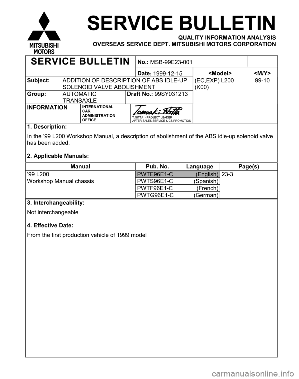 MITSUBISHI TRITON 1997  Workshop Manual S
ubje ct:
AD DIT IO N O F D ESC RIP TIO N O F A BS  ID LE -U P
S O LE N O ID  V ALV E A BO LIS H M EN T (
E C ,E XP ) L 200
( K 00) 9
9-1 0 M
an ual Pub. N o. Lan guag e Pag e(s ) P
W TE 96 E 1-C (
E
