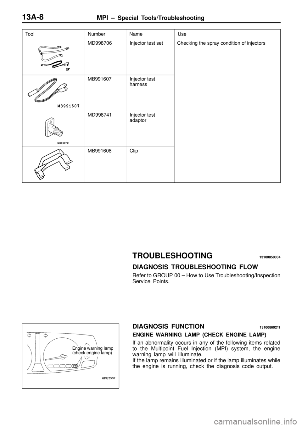 MITSUBISHI TRITON 1997  Workshop Manual M
D998706 I
n je cto r te st  s e t C
heckin g th e s p ra y c o ndit io n o f  in je cto rs M
B991607 I
n je cto r te st 
h arn ess M
D998741 I
n je cto r te st 
a dapto r M
B991608 C
lip      