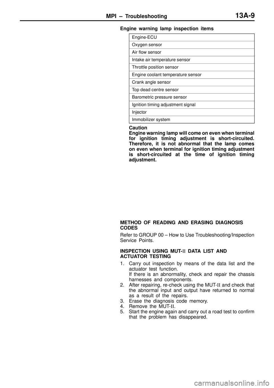 MITSUBISHI TRITON 1997  Workshop Manual MPI ± Troubleshooting13A-9
Engine warning lamp inspection items
Engine-ECU
Oxygen sensor
Air flow sensor
Intake air temperature sensor
Throttle position sensor
Engine coolant temperature sensor
Crank
